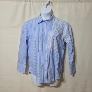 Christian Lacroix Shirt Button Up Blue & White Striped Lace Applique XS